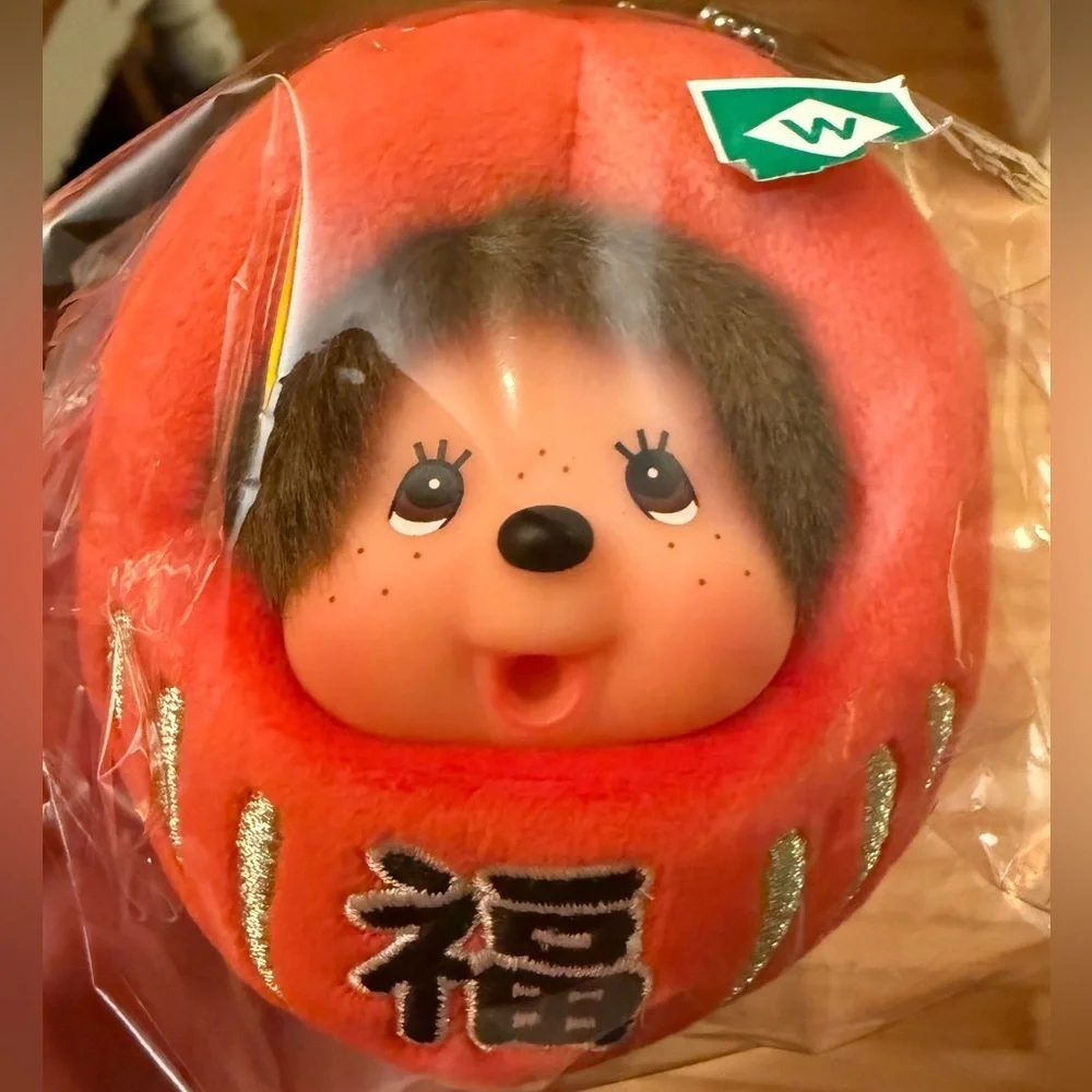 Red 4 inch Monchhichi Daruma Plush Keychain Japan